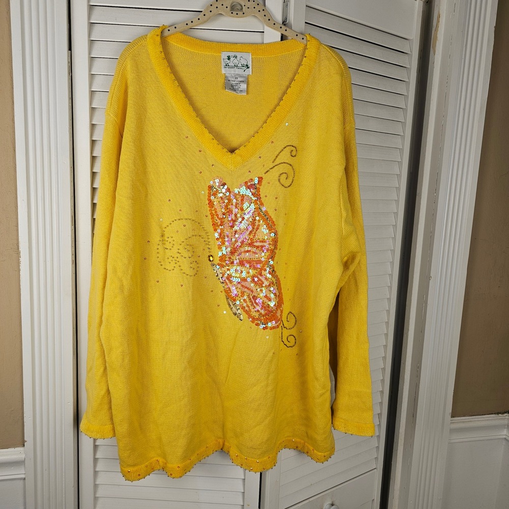 Quacker Factory Womens Yellow Embellished Sequin‎ Butterfly Sweater 2X